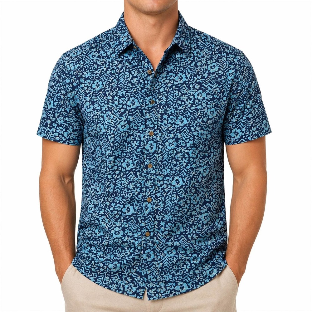 Cooke Street Hawaiian Aloha Shirt XL Floral Abstract Flowers Leaf Vines Blue